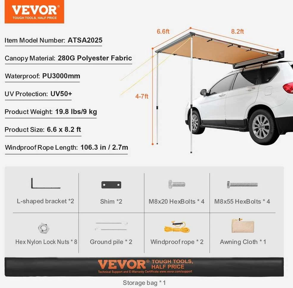 Automobilio šoninė markizė, 2,01 x 2,49 metro, UV50+ apsauga, skirta stovyklavimui