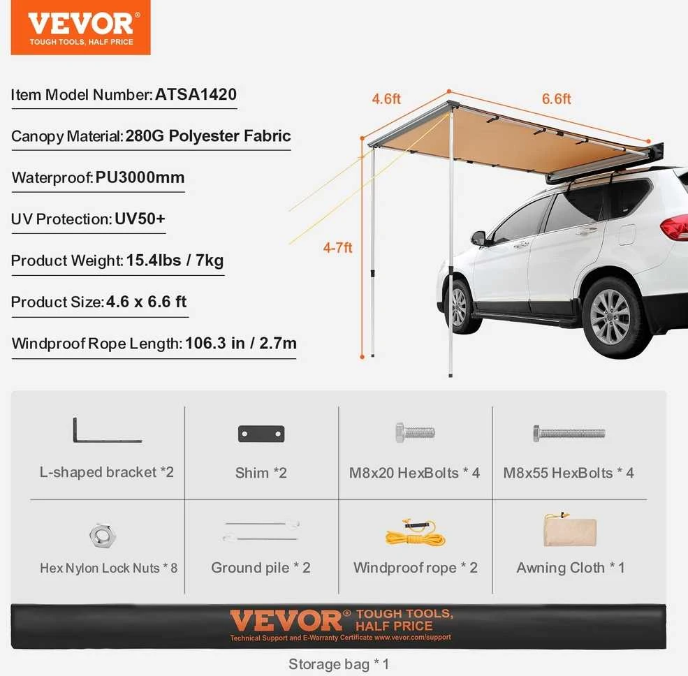 Automobilio šoninė stoginė 1.4x2m: vandeniui atspari, ištraukiama markizė, palapinė automobiliui, SUV, pikapui.