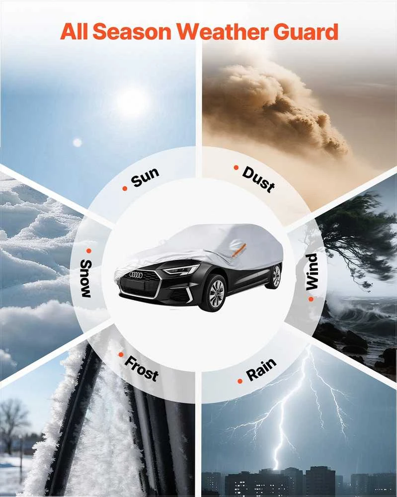 Automobilio uždangalas neperšlampamas vidutinio dydžio europietiškam sedanui, apsauga nuo visų oro sąlygų su užtrauktuku ir atspindinčiomis juostomis, sidabrinis tento užvalkalas