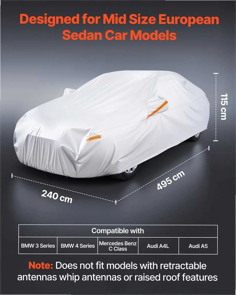 Automobilio uždangalas neperšlampamas vidutinio dydžio europietiškam sedanui, apsauga nuo visų oro sąlygų su užtrauktuku ir atspindinčiomis juostomis, sidabrinis tento užvalkalas