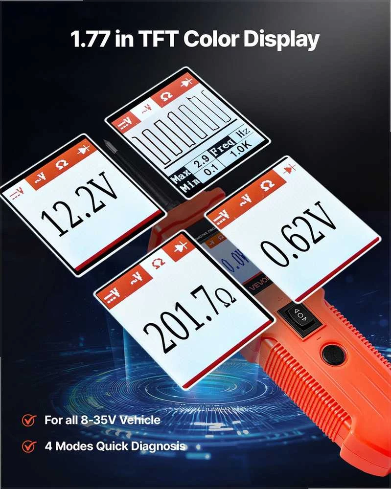 Automobilių grandinės testeris transporto priemonių elektros diagnostikai, didelio jautrumo zondas su TFT ekranu, 4 bandymo režimai, 4 m kabelis, įtampos matuoklis automobiliams, elektros grandinės detektorius