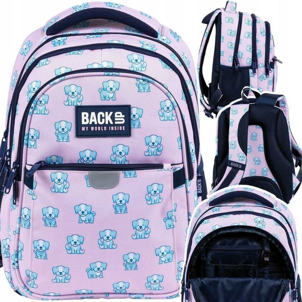 Back up Mokyklinė kuprinė su šuniukais, 39 cm, mėlyna/rožinė