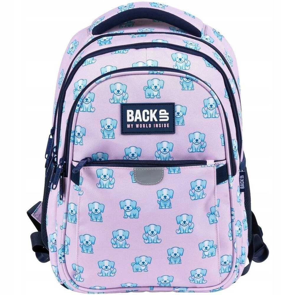 Back up Mokyklinė kuprinė su šuniukais, 39 cm, mėlyna/rožinė