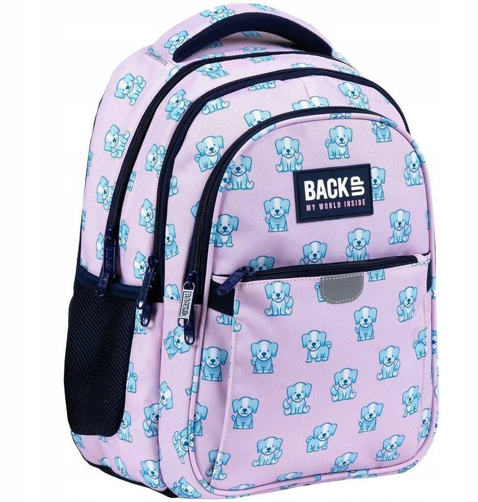 Back up Mokyklinė kuprinė su šuniukais, 39 cm, mėlyna/rožinė