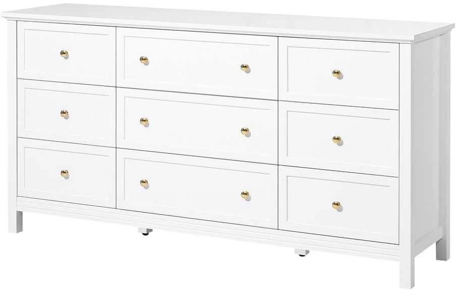Balta 9 stalčių komoda, medinė stalčių spintelė, retro minimalistinis daiktadėžės organizatorius