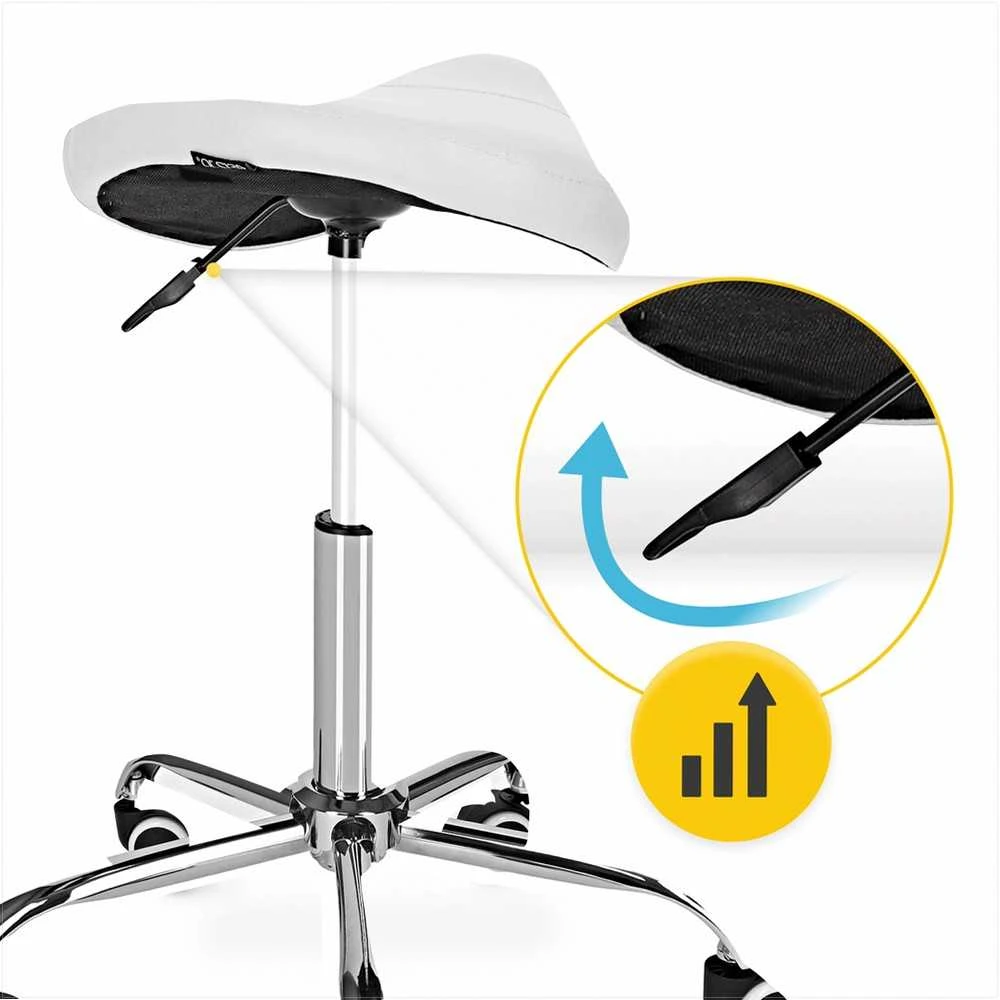 4Fizjo Balta masažinė balno kėdė, reguliuojamo aukščio medicininė kėdė, ergonominė terapijos kėdė, patogi procedūrų kėdė