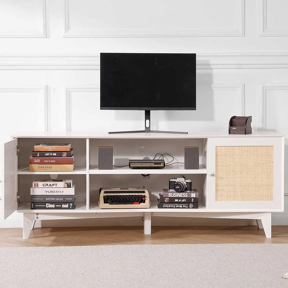 Baltas TV staliukas iki 191cm TV, 3 lentynos, svetainės spintelė, TV komoda, ratano TV spintelė