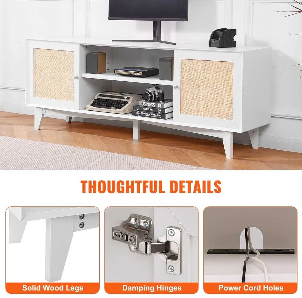 Baltas TV staliukas iki 191cm TV, 3 lentynos, svetainės spintelė, TV komoda, ratano TV spintelė