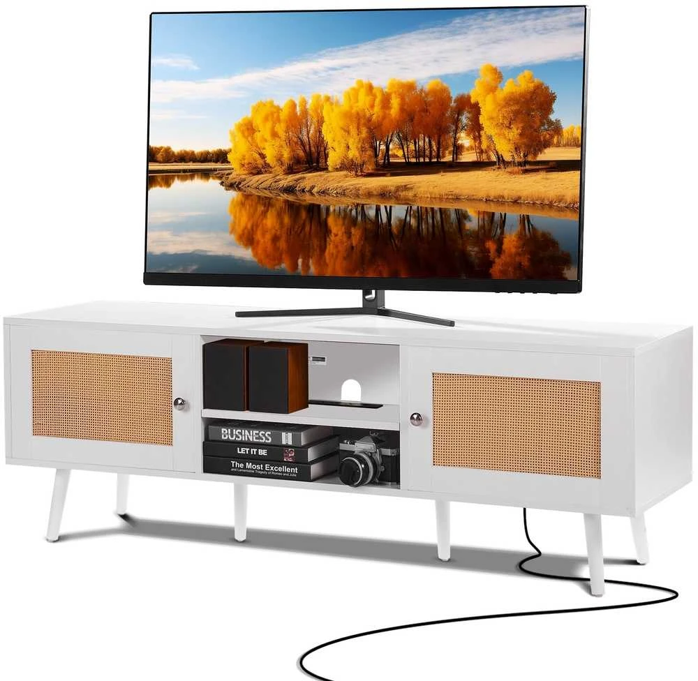 Baltas TV staliukas iš ratano su integruotu lizdu, 65 colių TV spintelė, komoda