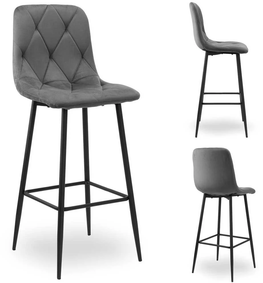 Baro kėdė, grafito velvetas, dygsniuota sėdynė, metalinės kojos, 111 cm aukščio virtuvės baro taburetė, pusbario kėdė