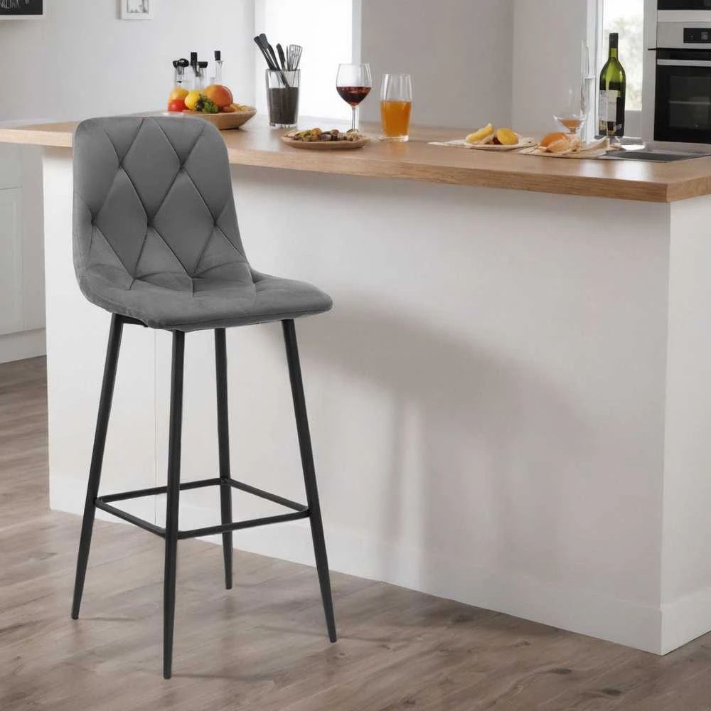 Baro kėdė, grafito velvetas, dygsniuota sėdynė, metalinės kojos, 111 cm aukščio virtuvės baro taburetė, pusbario kėdė