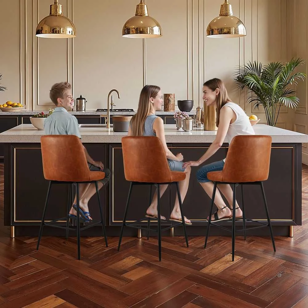 Baro kėdžių komplektas 3 vnt., pasukamos PU odos virtuvės salos kėdės, modernios kėdės su atlošu, metalinėmis kojomis, be porankių, rudos valgomojo baro kėdės