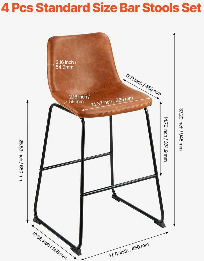 Baro kėdžių komplektas 4 vnt., modernios PU odos virtuvės baro kėdės su atlošu, rudos salos baro kėdės valgomajam, 65 cm aukščio kėdė