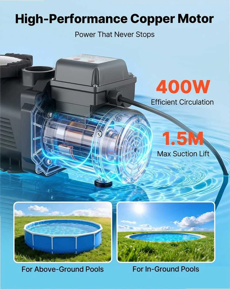 Baseino siurblys, 400W vieno greičio antžeminiams ir įkasamiems baseinams, masažinėms vonioms, SPA, su 24 valandų laikmačiu ir filtro krepšeliu, vandens cirkuliacijos siurblys