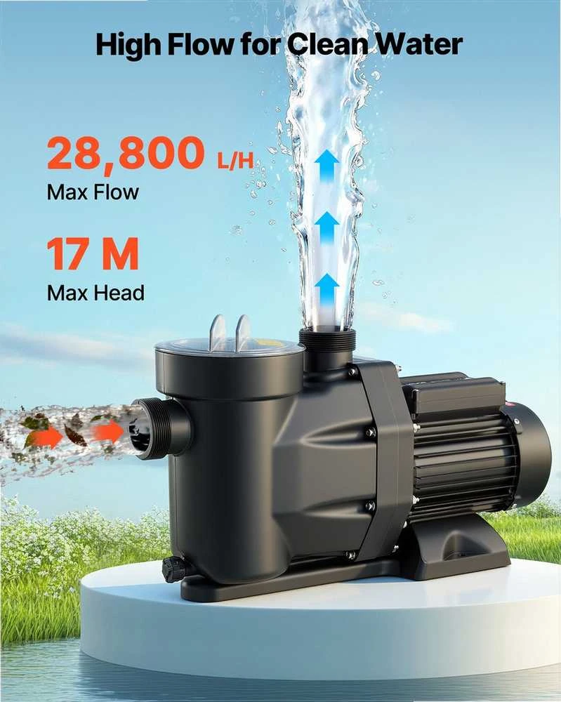 Baseino siurblys antžeminiams ir įkasamiems baseinams, masažinėms vonioms, SPA, 1300W vieno greičio su 24 valandų laikmačiu ir filtro krepšiu, vandens cirkuliacijos siurblys