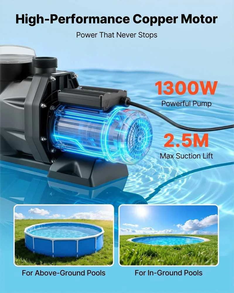 Baseino siurblys antžeminiams ir įkasamiems baseinams, masažinėms vonioms, SPA, 1300W vieno greičio su 24 valandų laikmačiu ir filtro krepšiu, vandens cirkuliacijos siurblys