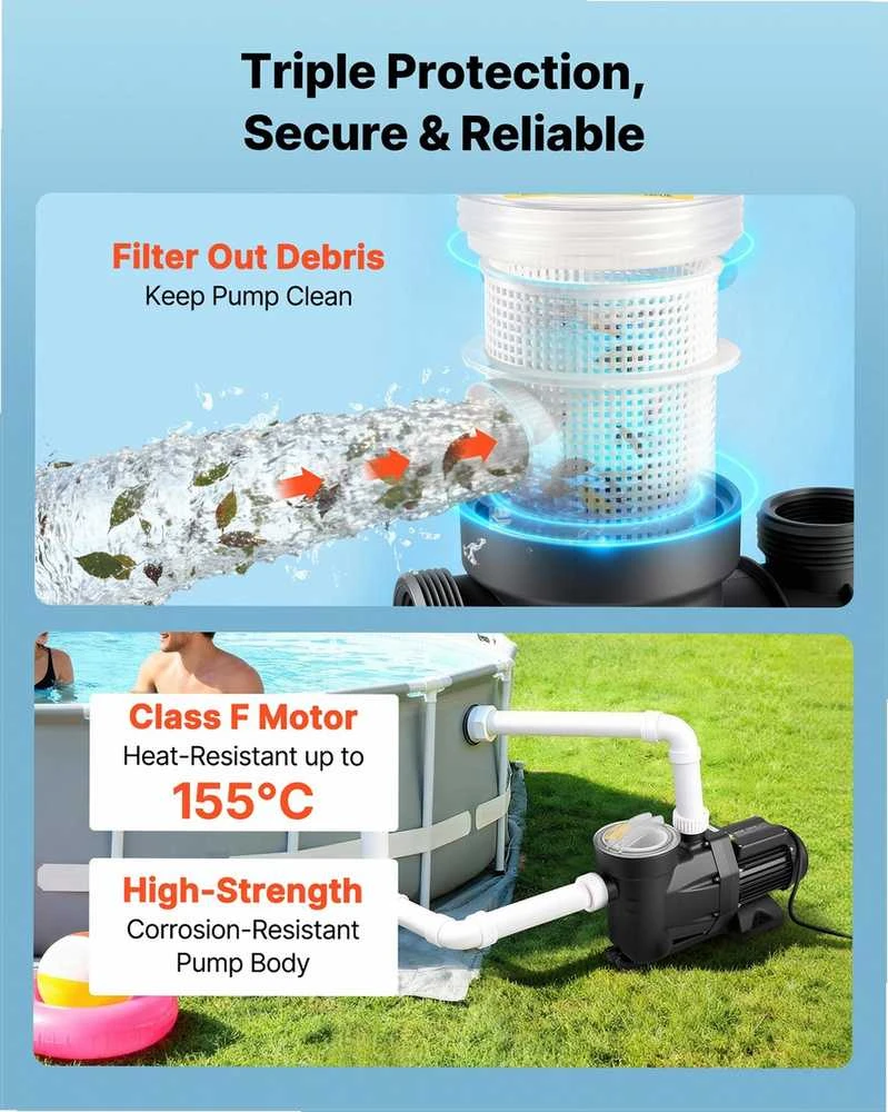 Baseino siurblys antžeminiams ir įkasamiems baseinams, masažinėms vonioms, SPA, 1300W vieno greičio su 24 valandų laikmačiu ir filtro krepšiu, vandens cirkuliacijos siurblys