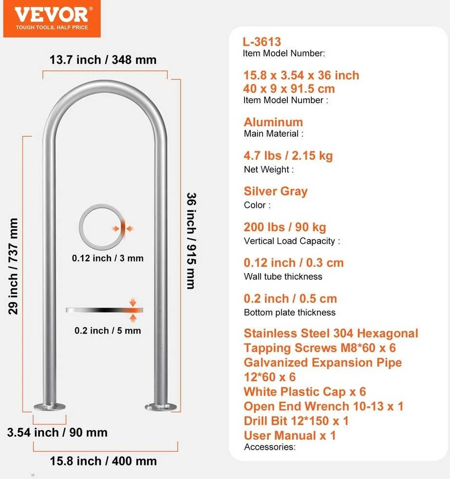 VEVOR Baseino turėklas 91 x 33 cm su tvirtinimu