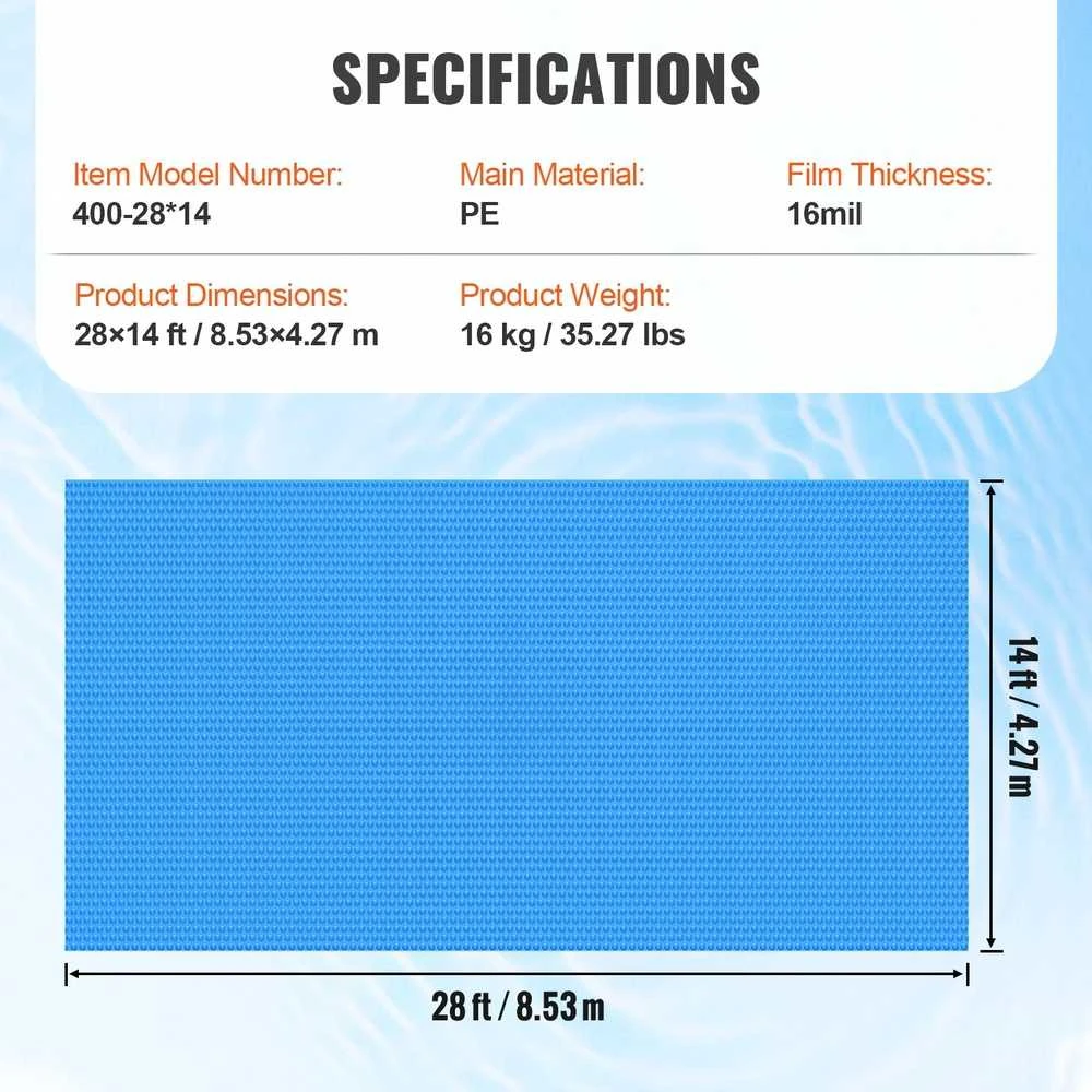 Baseino uždangalas 8.53 x 4.27 metrai, 16 mil PE plėvelė, stačiakampis saulinis apklotas