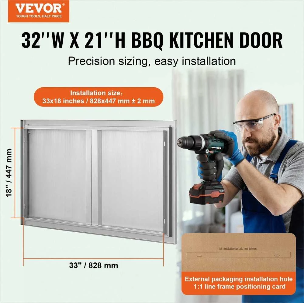 BBQ prieigos durelės, nerūdijančio plieno dvigubos lauko virtuvės durelės, montuojamos lygiai su paviršiumi, su įleistinėmis rankenomis, kepsninių salai ir kepimo stotelei, 914x534 mm, lauko spintelėms