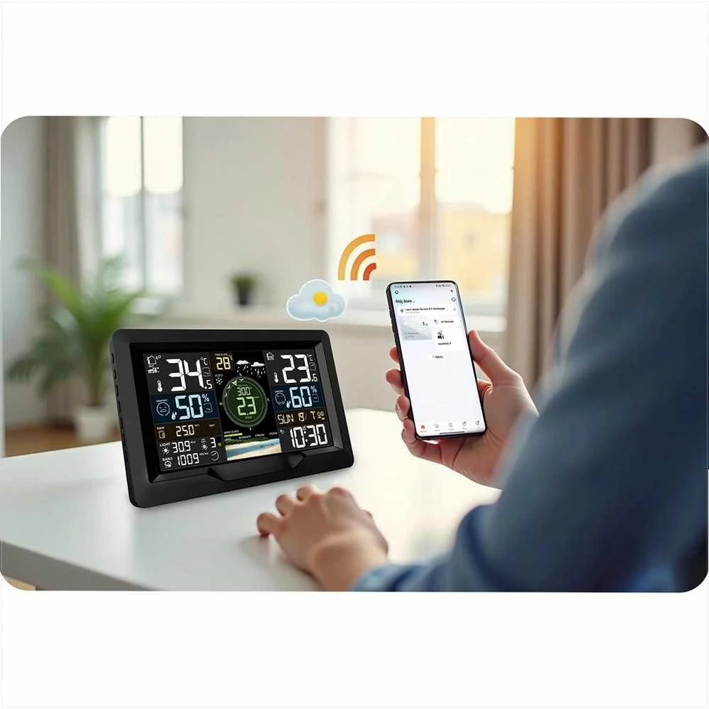 Belaidė orų stotis su vėjo ir lietaus jutikliu, išsamūs duomenys, vidaus ir lauko stebėjimas, Wi-Fi