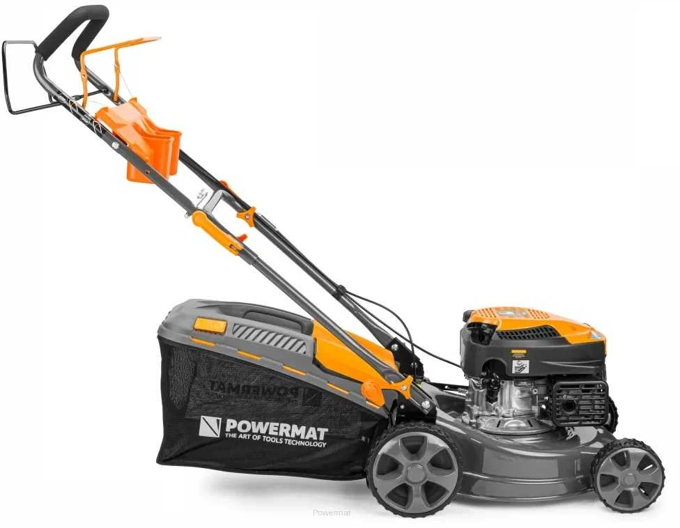 Powermat Benzininė vejapjovė su savaeige pavara, 5 HP, 40L krepšys, namų sodui, efektyvus žolės pjovimas, mulčiavimo funkcija
