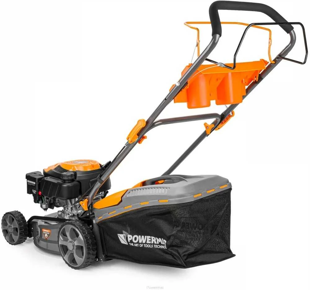 Powermat Benzininė vejapjovė su savaeige pavara, 5 HP, 40L krepšys, namų sodui, efektyvus žolės pjovimas, mulčiavimo funkcija