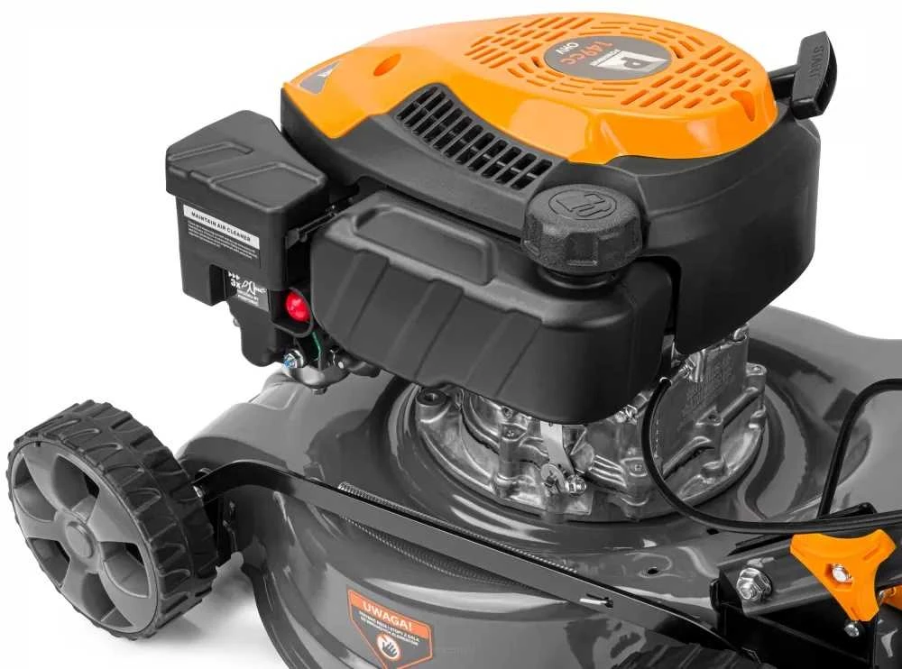 Powermat Benzininė vejapjovė su savaeige pavara, 5 HP, 40L krepšys, namų sodui, efektyvus žolės pjovimas, mulčiavimo funkcija