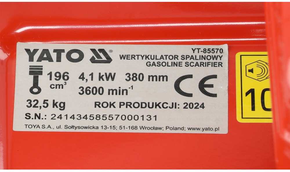 Yato Benzininis vejos skarifikatorius ir aeratorius, 2-in-1 sodo įrankis, 38 cm darbinis plotis, vejos priežiūrai ir atgaivinimui