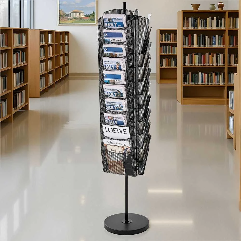 Besisukantis lankstinukų stovas, 30 kišenių tinklinis žurnalų ir literatūros stendas, parduotuvėms parodoms biurams, nešiojamas pastatomas žurnalų laikiklis, metalinis laikraščių katalogų stovas