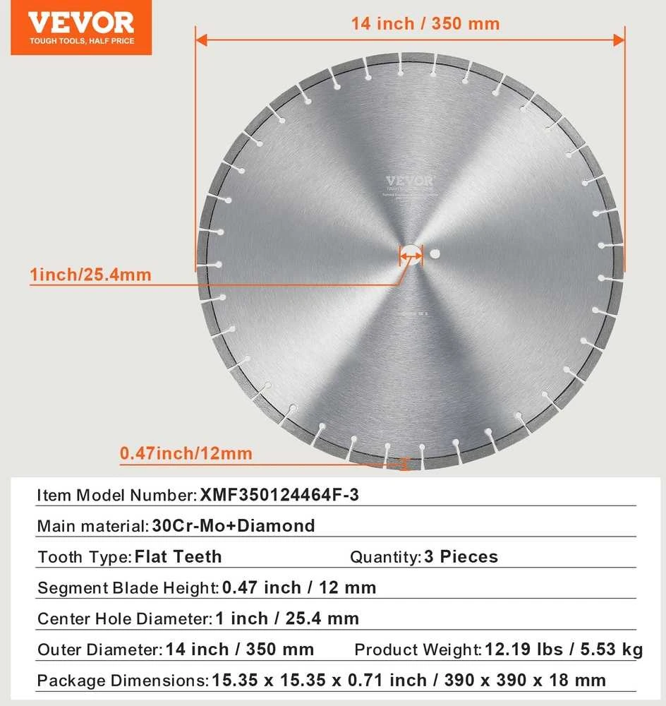 Betoninis pjūklas, 3 vnt., 350 mm skersmens, betonui, gelžbetoniui, plytoms, marmurui ir akmeniui pjauti, deimantinis diskas