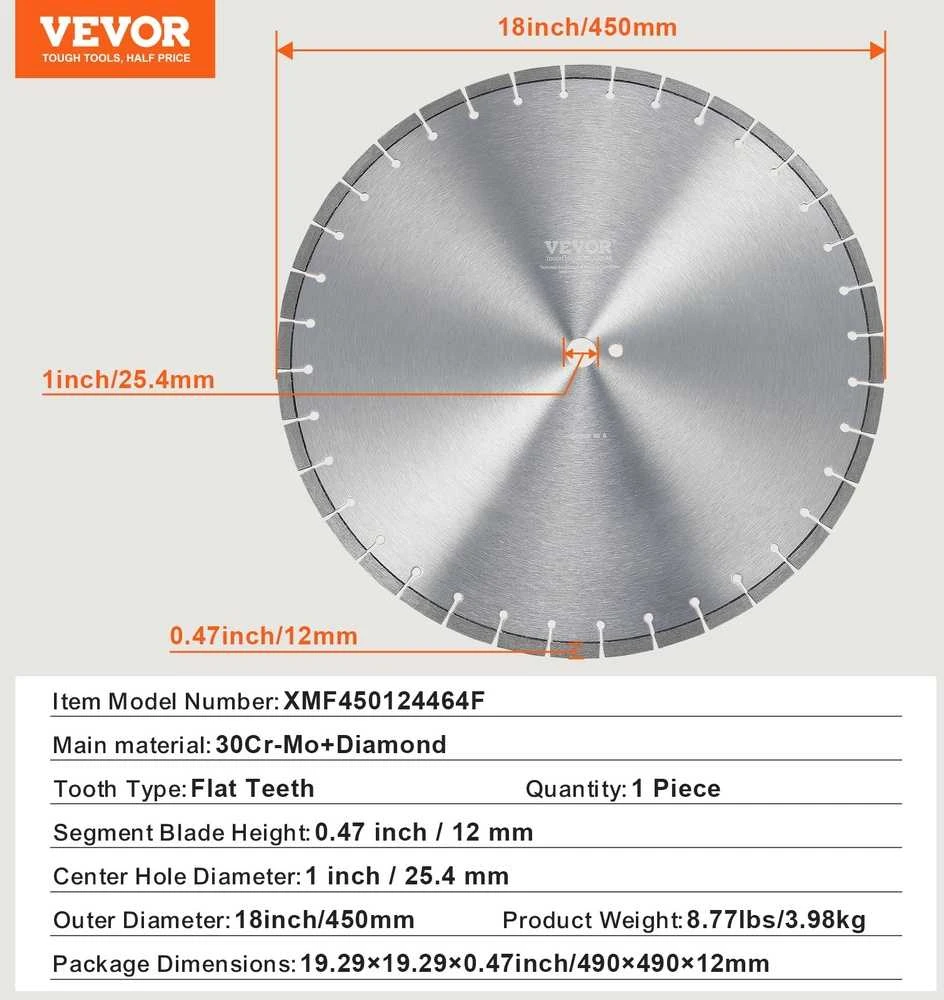 Betono pjovimo diskas, 450 mm, šlapiam arba sausam pjovimui, su plokščiais dantimis, profesionalus deimantinis diskas betonui, plytelėms, gelžbetoniui, plytoms, marmurui pjauti
