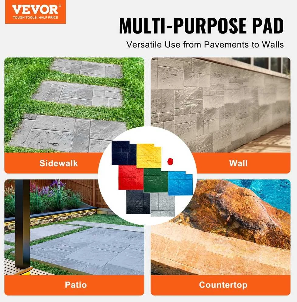 Betono štampai 618x618x17 mm, 7 vnt tekstūravimo formos, poliuretano klojimo įrankiai, betono rašto antspaudai