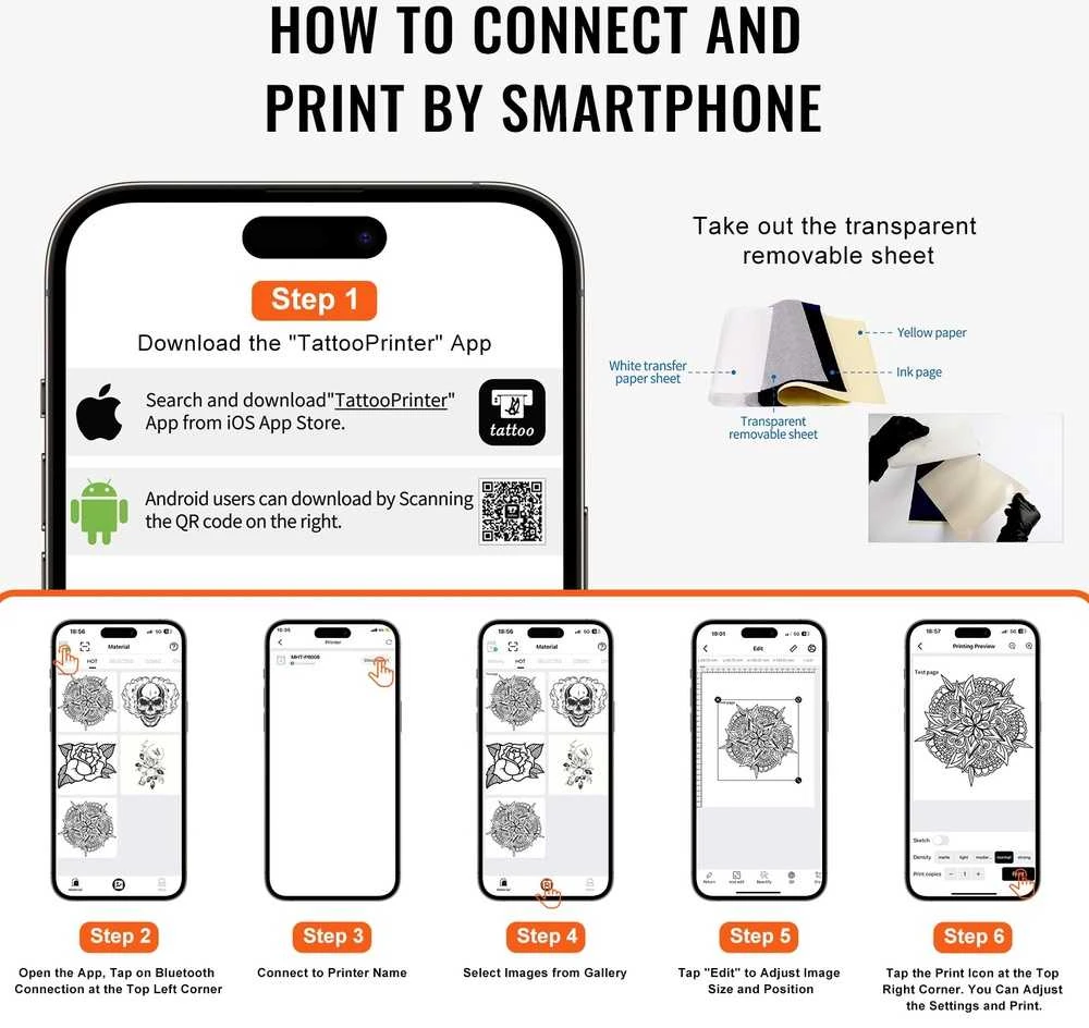 Bevielė tatuiruočių trafaretų spausdintuvo mašinėlė, „Android“ ir „iOS“, nešiojama, su perkėlimo popieriumi, tatuiruočių dizaino spausdintuvas menininkams, terminis spausdintuvas