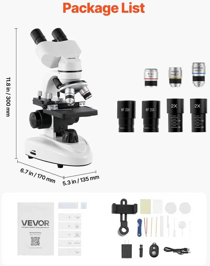 VEVOR Dvejakis mikroskopas 40-2000X priartinimas