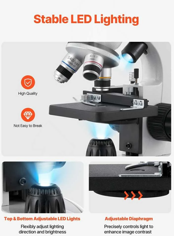 Binokulinis mikroskopas 40-2000x, LED apšvietimas, mokslui, mokymuisi, biologijai, namų laboratorijai
