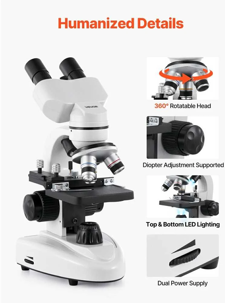 Binokulinis mikroskopas 40-2000x, LED apšvietimas, mokslui, mokymuisi, biologijai, namų laboratorijai