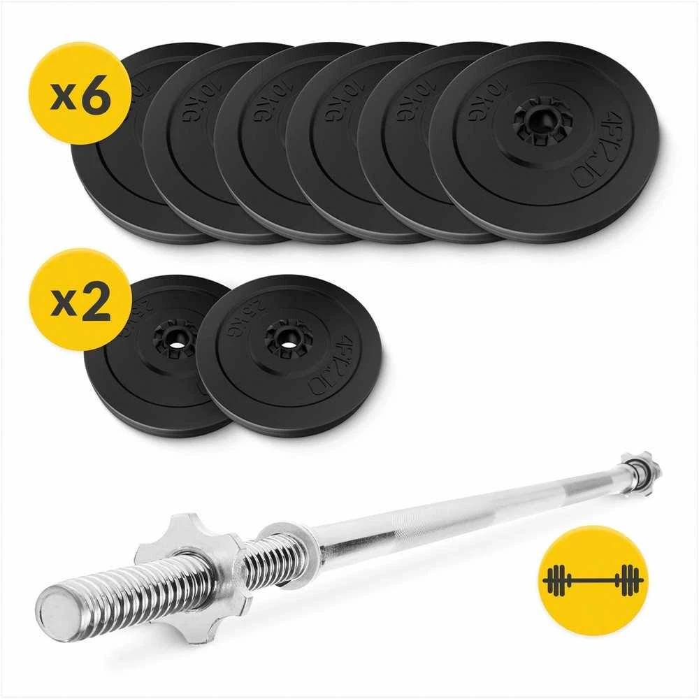 Bituminis hantelių rinkinys, 70 kg su tiesia štanga, 150 cm, skirtas namų sporto salei