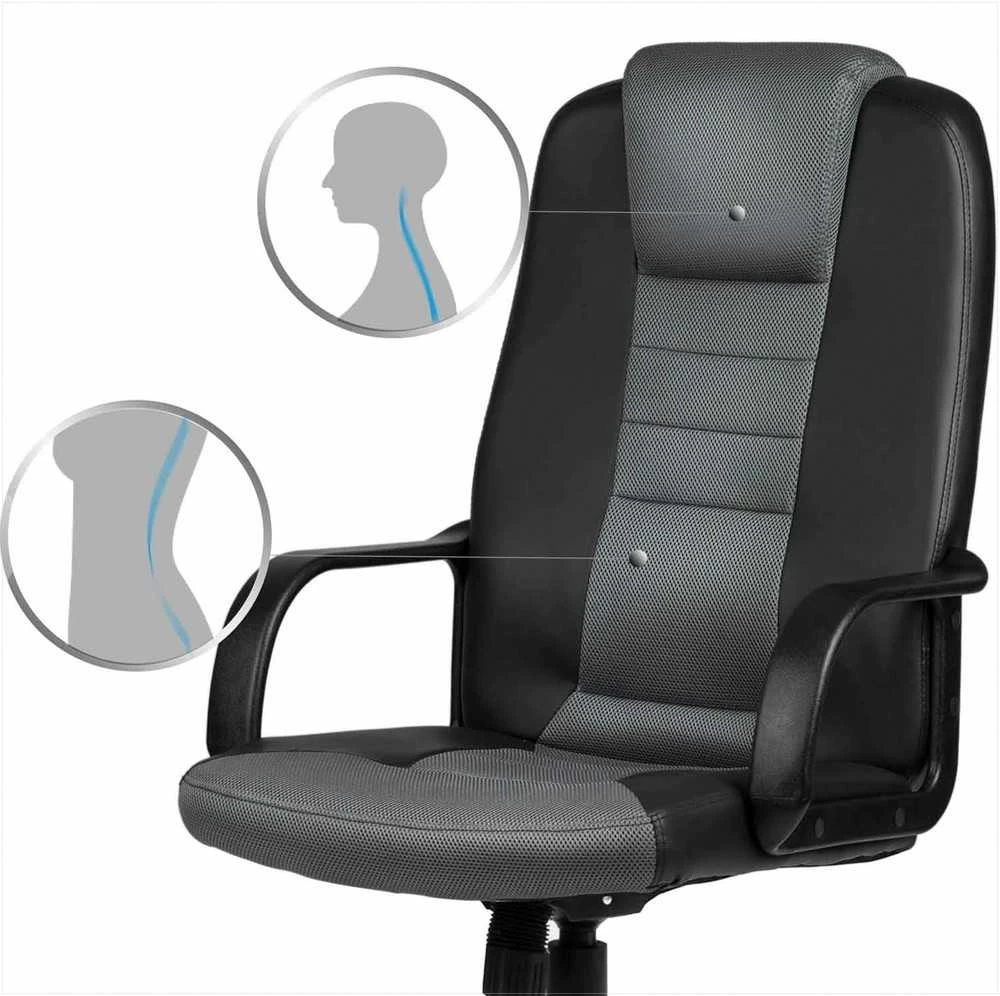 Biuro kėdė, oda ir mikro tinklelis, ergonomiškas dizainas, juoda ir pilka, reguliuojamo aukščio biuro kėdė, patogi kompiuterio kėdė