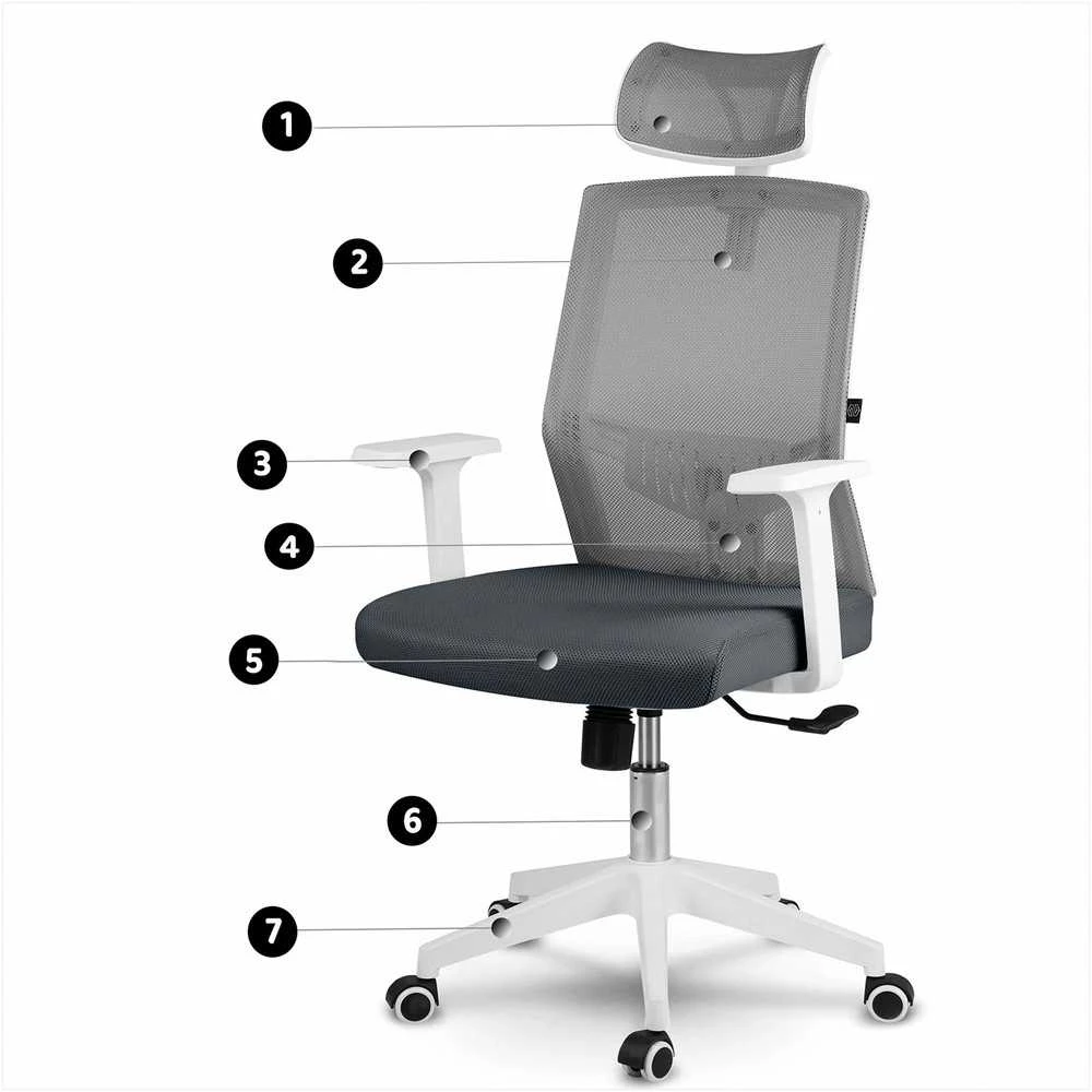 Biuro kėdė su mikro-tinklu, pilka ergonomiška kėdė su reguliuojama galvos atrama, supimo ir aukščio reguliavimu, patogi kompiuterio kėdė namams ir biurui