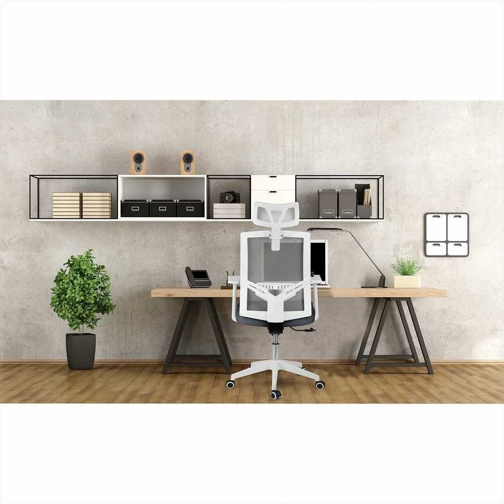 Biuro kėdė su mikro-tinklu, pilka ergonomiška kėdė su reguliuojama galvos atrama, supimo ir aukščio reguliavimu, patogi kompiuterio kėdė namams ir biurui