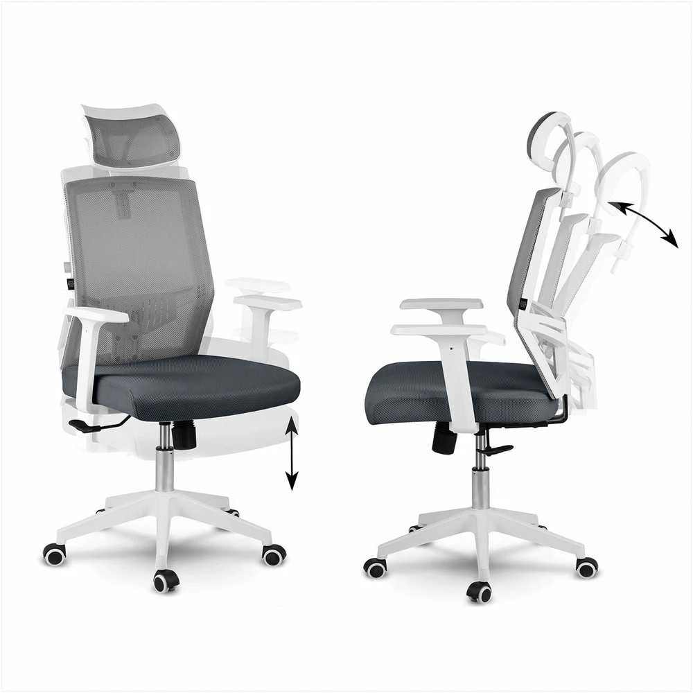 Biuro kėdė su mikro-tinklu, pilka ergonomiška kėdė su reguliuojama galvos atrama, supimo ir aukščio reguliavimu, patogi kompiuterio kėdė namams ir biurui