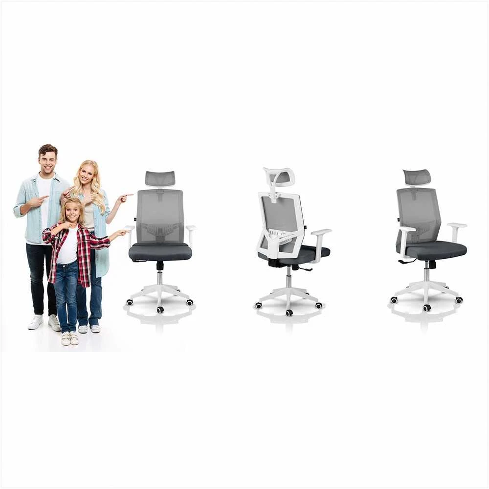 Biuro kėdė su mikro-tinklu, pilka ergonomiška kėdė su reguliuojama galvos atrama, supimo ir aukščio reguliavimu, patogi kompiuterio kėdė namams ir biurui