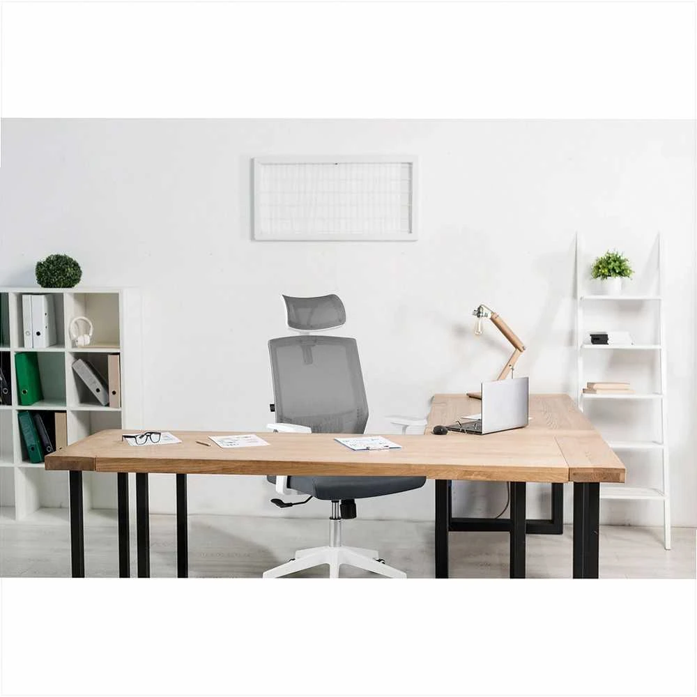 Biuro kėdė su mikro-tinklu, pilka ergonomiška kėdė su reguliuojama galvos atrama, supimo ir aukščio reguliavimu, patogi kompiuterio kėdė namams ir biurui