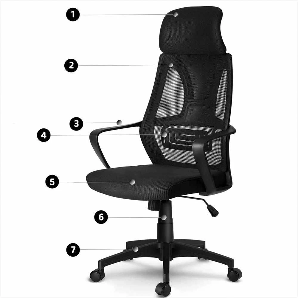 Biuro kėdė su mikrotinklu, juoda ergonomiška kėdė, reguliuojama galvos atrama, reguliuojamo aukščio, patogi kompiuterio kėdė, kvėpuojanti biuro kėdė