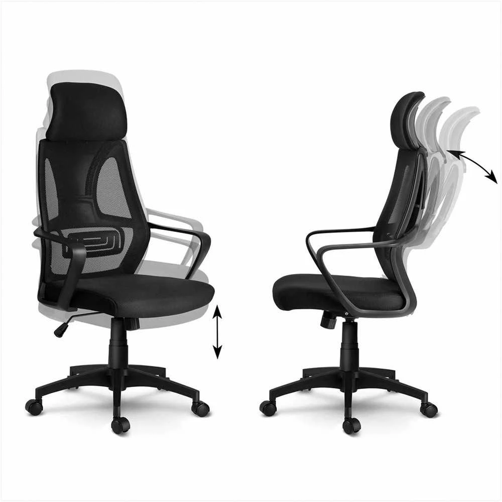 Biuro kėdė su mikrotinklu, juoda ergonomiška kėdė, reguliuojama galvos atrama, reguliuojamo aukščio, patogi kompiuterio kėdė, kvėpuojanti biuro kėdė
