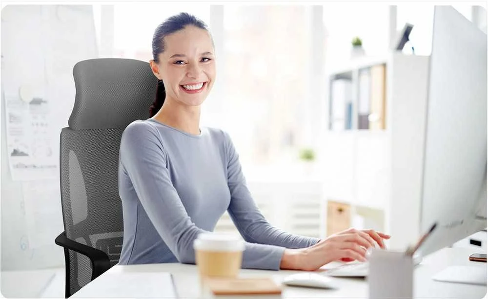 Biuro kėdė su mikrotinklu, pilka ergonomiška stalo kėdė, reguliuojama galvos atrama, kvėpuojanti biuro kėdė, patogi kompiuterio kėdė