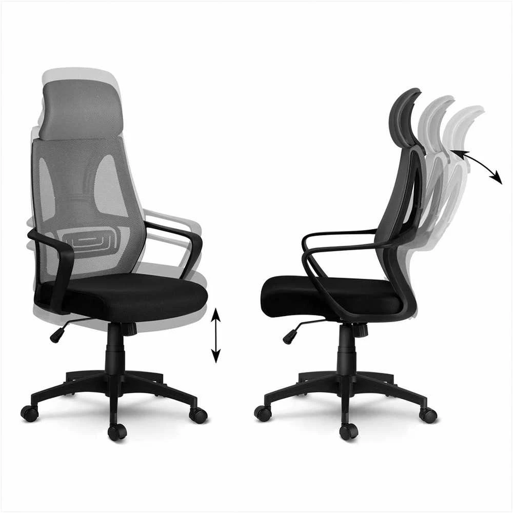 Biuro kėdė su mikrotinklu, pilka ergonomiška stalo kėdė, reguliuojama galvos atrama, kvėpuojanti biuro kėdė, patogi kompiuterio kėdė