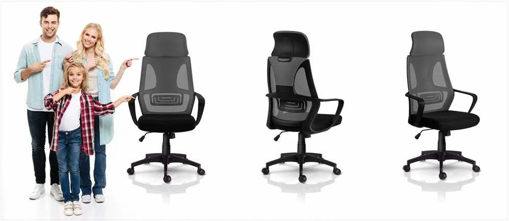 Biuro kėdė su mikrotinklu, pilka ergonomiška stalo kėdė, reguliuojama galvos atrama, kvėpuojanti biuro kėdė, patogi kompiuterio kėdė
