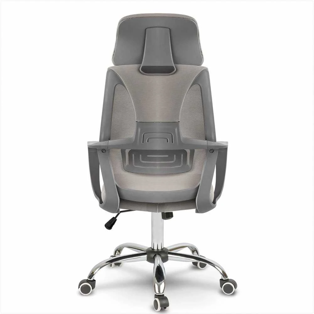 Biuro kėdė su mikrotinklu, reguliuojama galvos atrama, ergonomiška atrama, kvėpuojantis atlošas, modernus dizainas, pilka biuro kėdė